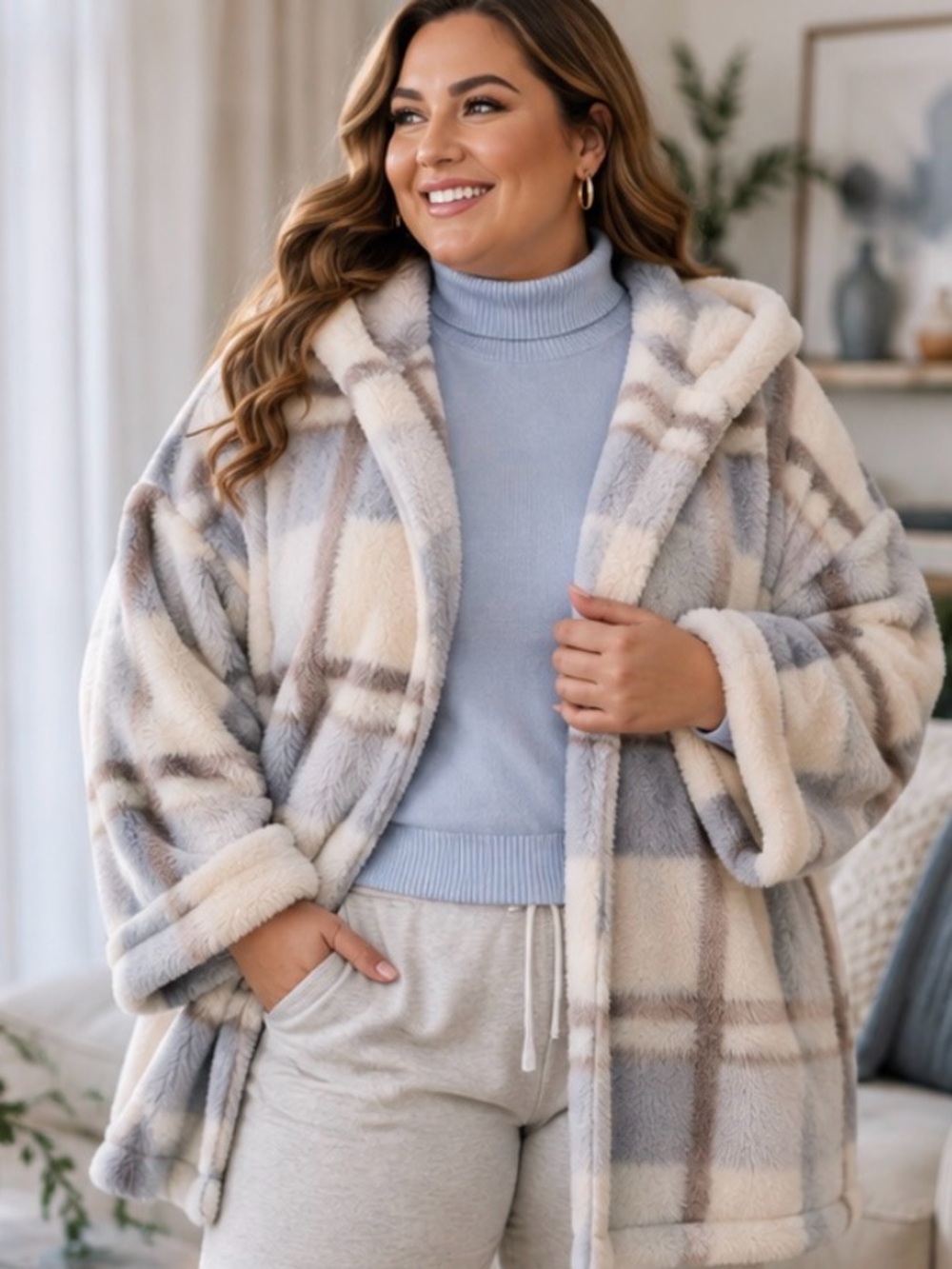 bebe / BB Plush Plaid Hooded Open-Front Cozy Jacket – One Size